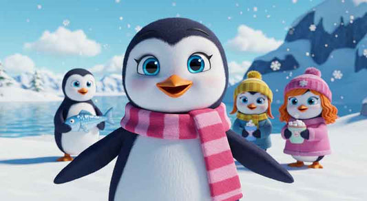 Penny the penguin waddling happily on the snowy shore.