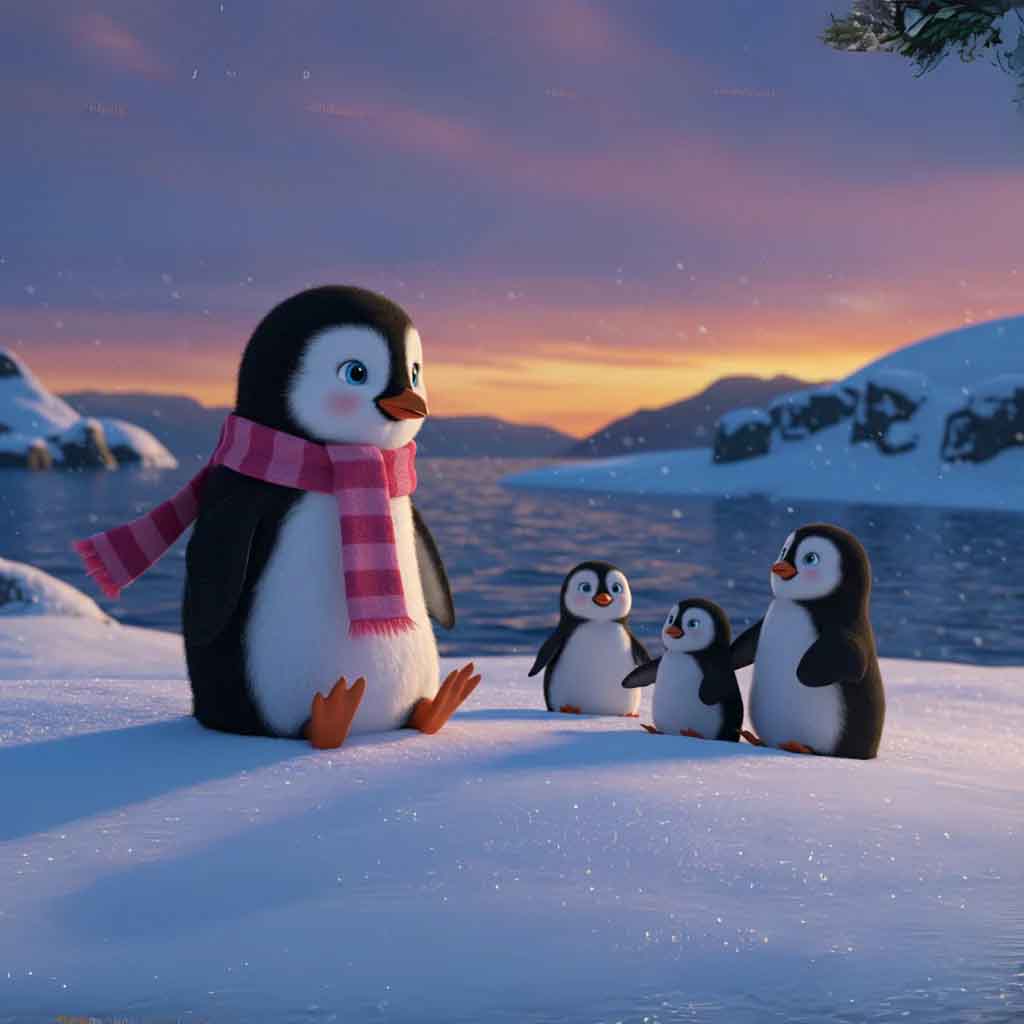 Peaceful winter scene with penguins and a closing prayer.